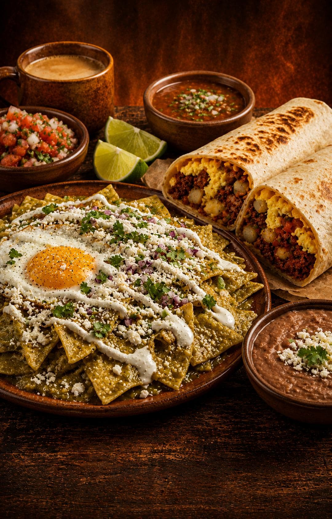 Weekend Brunch spread with green chilaquiles and breakfast plates