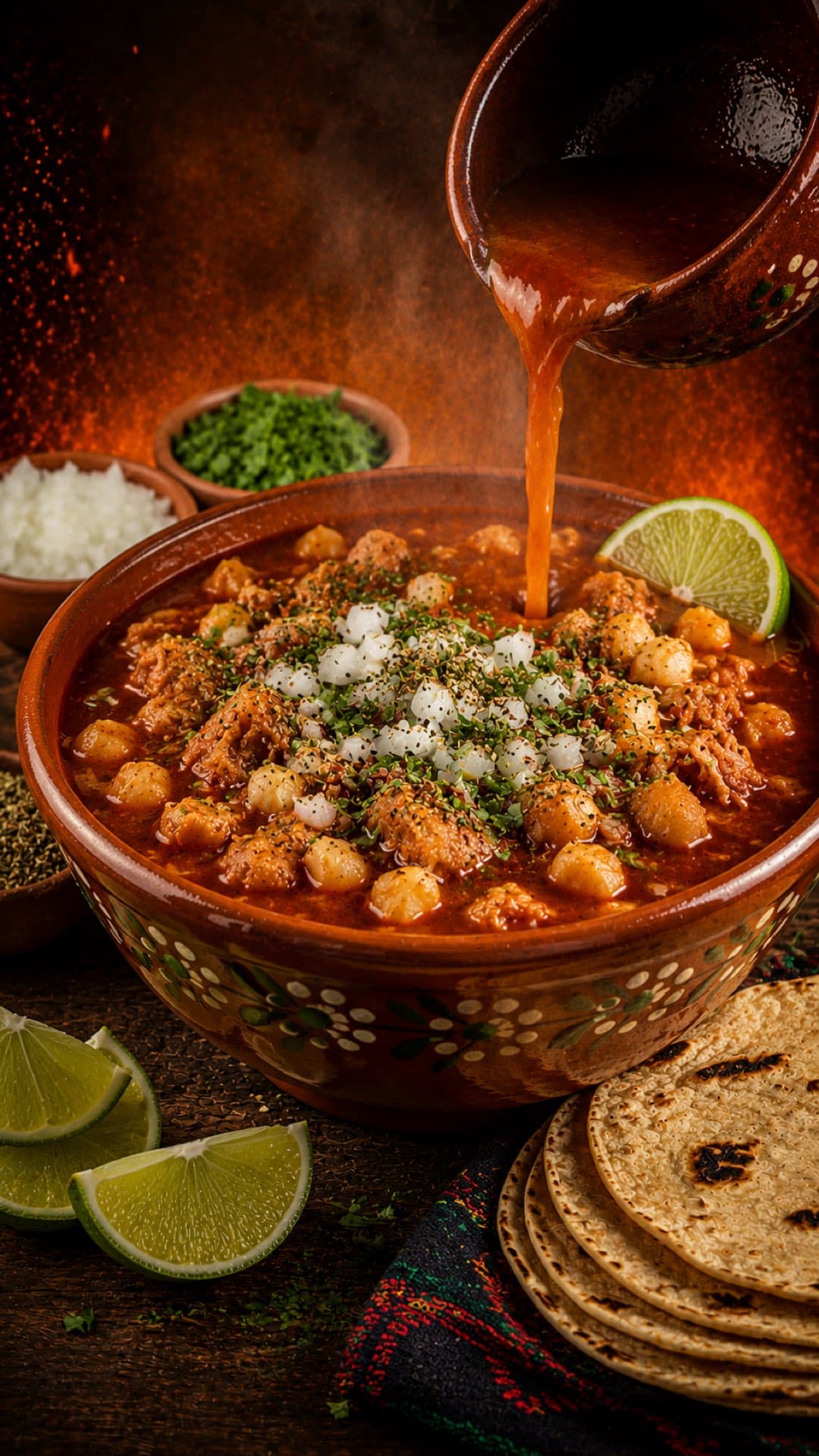 Menudo Sunday: a bowl of red menudo with consomé and garnishes